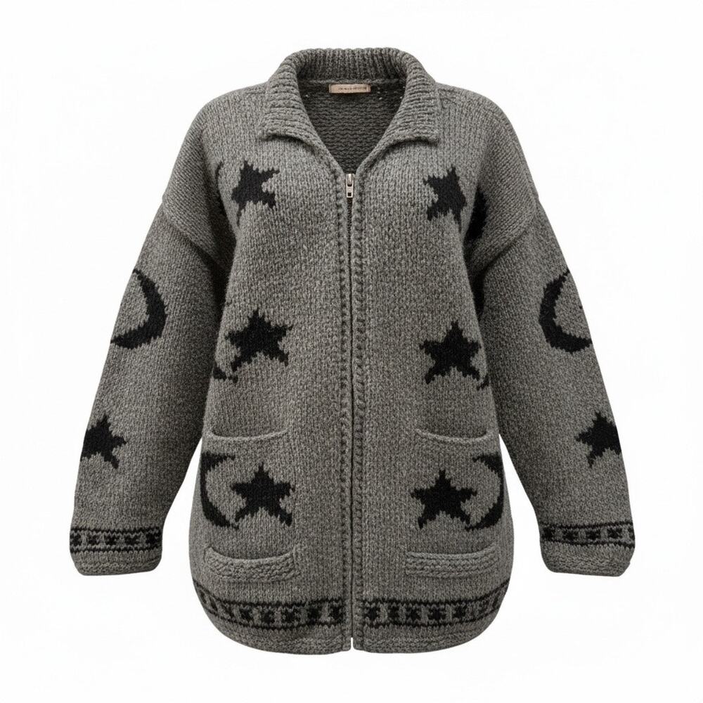 Vintage Tejidos Imalaya 100% Wool Gray Celestial  Sweater Moon Star Boho Mystic